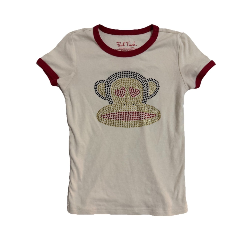 Paul Frank Julius Monkey Rhinestone Ringer Tee Girls Size 11/12 White Red Y2K